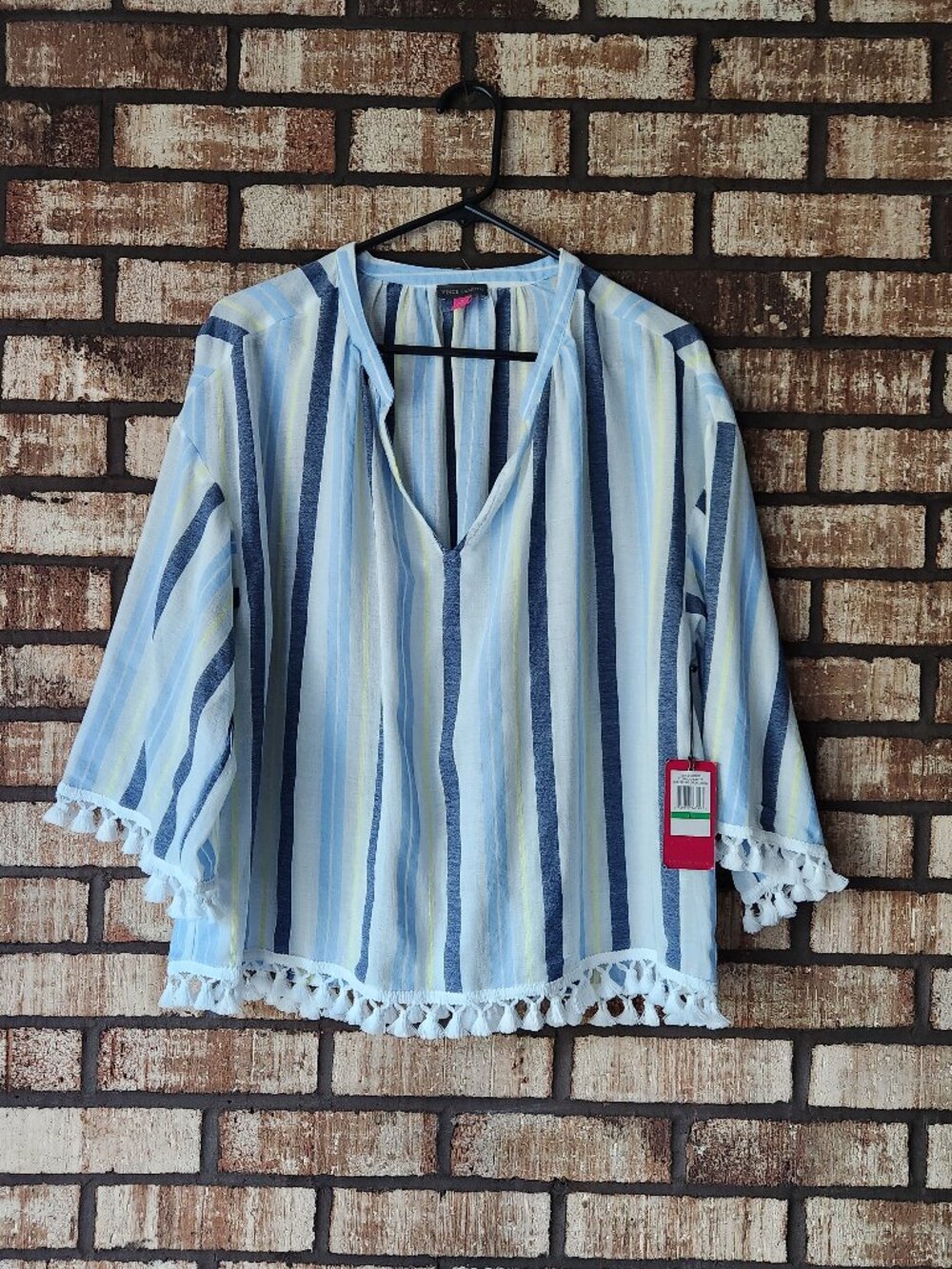 Vince Camuto Striped Cotton Shirt with White Fringe NWT Size L